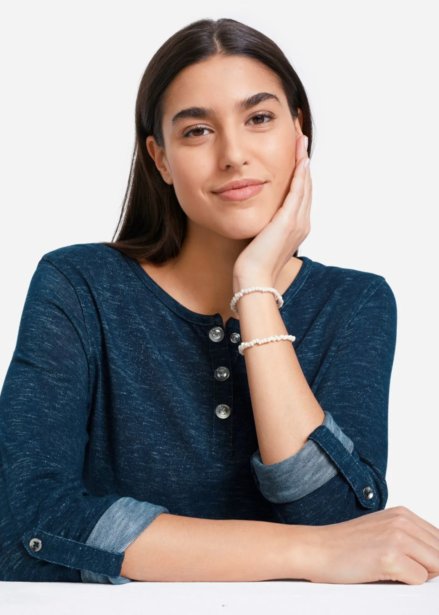Discount Camiseta de mezcla de algodón con manga larga y botones Mujer Camisetas