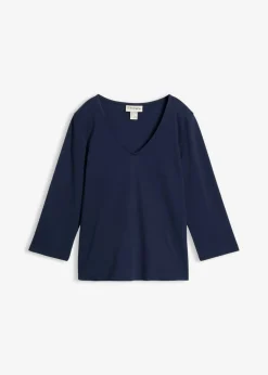 Outlet Camiseta de punto grueso de algodón orgánico puro con mangas 3/4 Mujer Básicos|Camisetas
