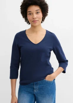Outlet Camiseta de punto grueso de algodón orgánico puro con mangas 3/4 Mujer Básicos|Camisetas