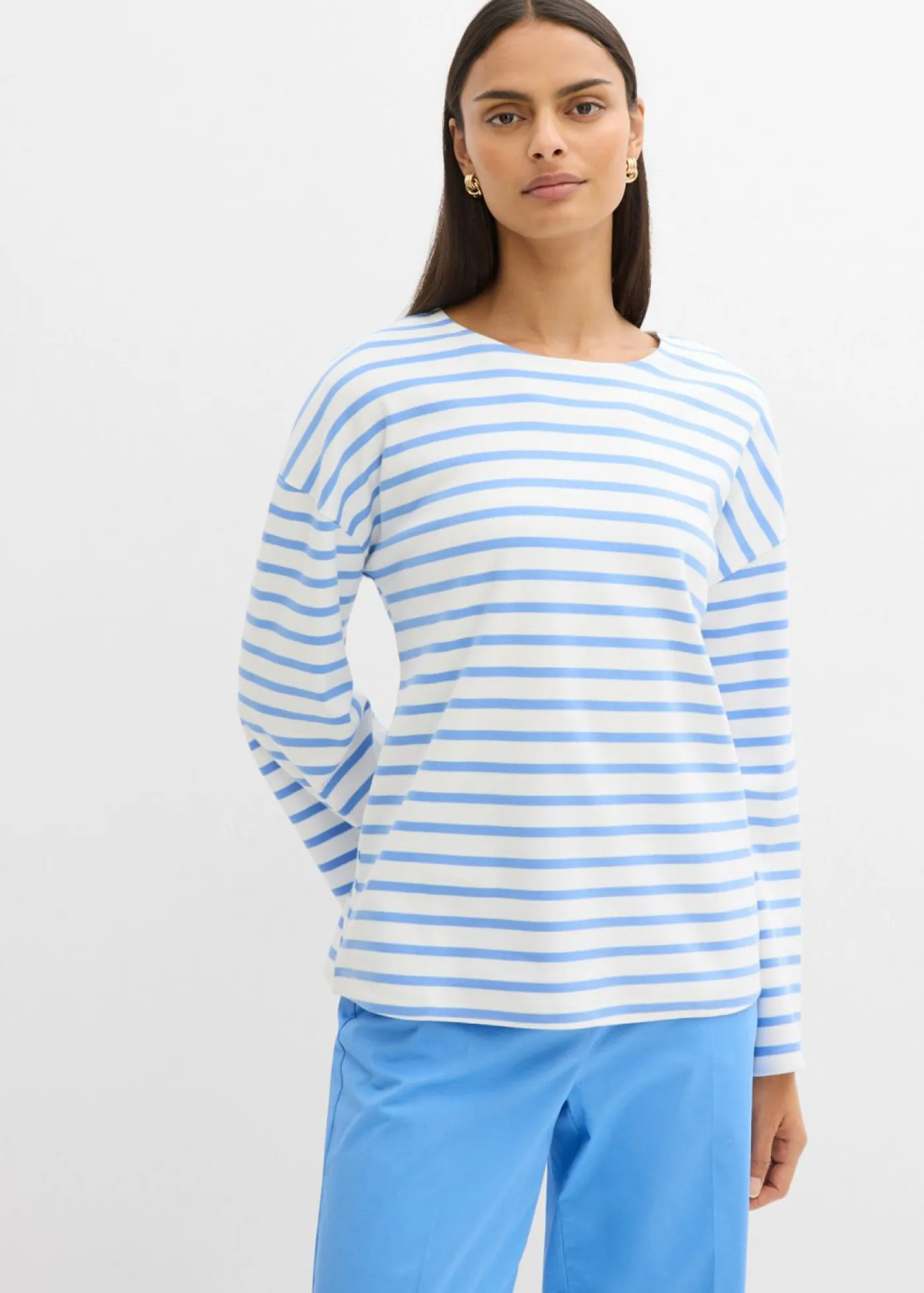Clearance Camiseta de rayas de algodón orgánico con manga larga Mujer Esenciales|Camisetas