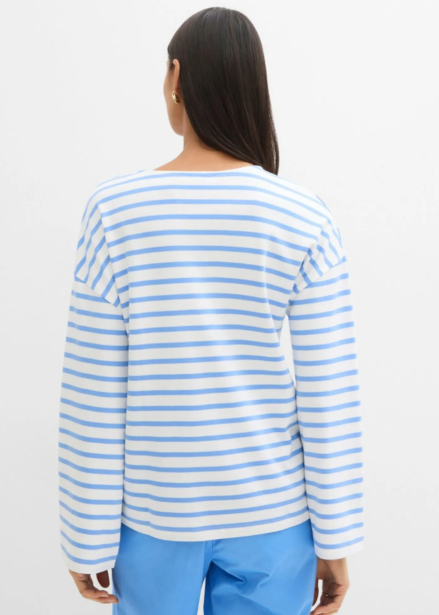 Clearance Camiseta de rayas de algodón orgánico con manga larga Mujer Esenciales|Camisetas