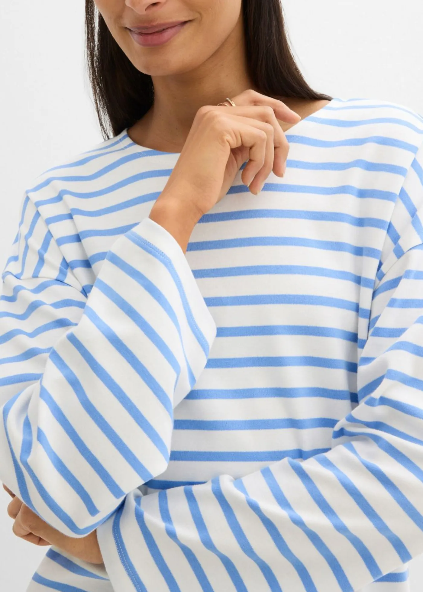 Clearance Camiseta de rayas de algodón orgánico con manga larga Mujer Esenciales|Camisetas