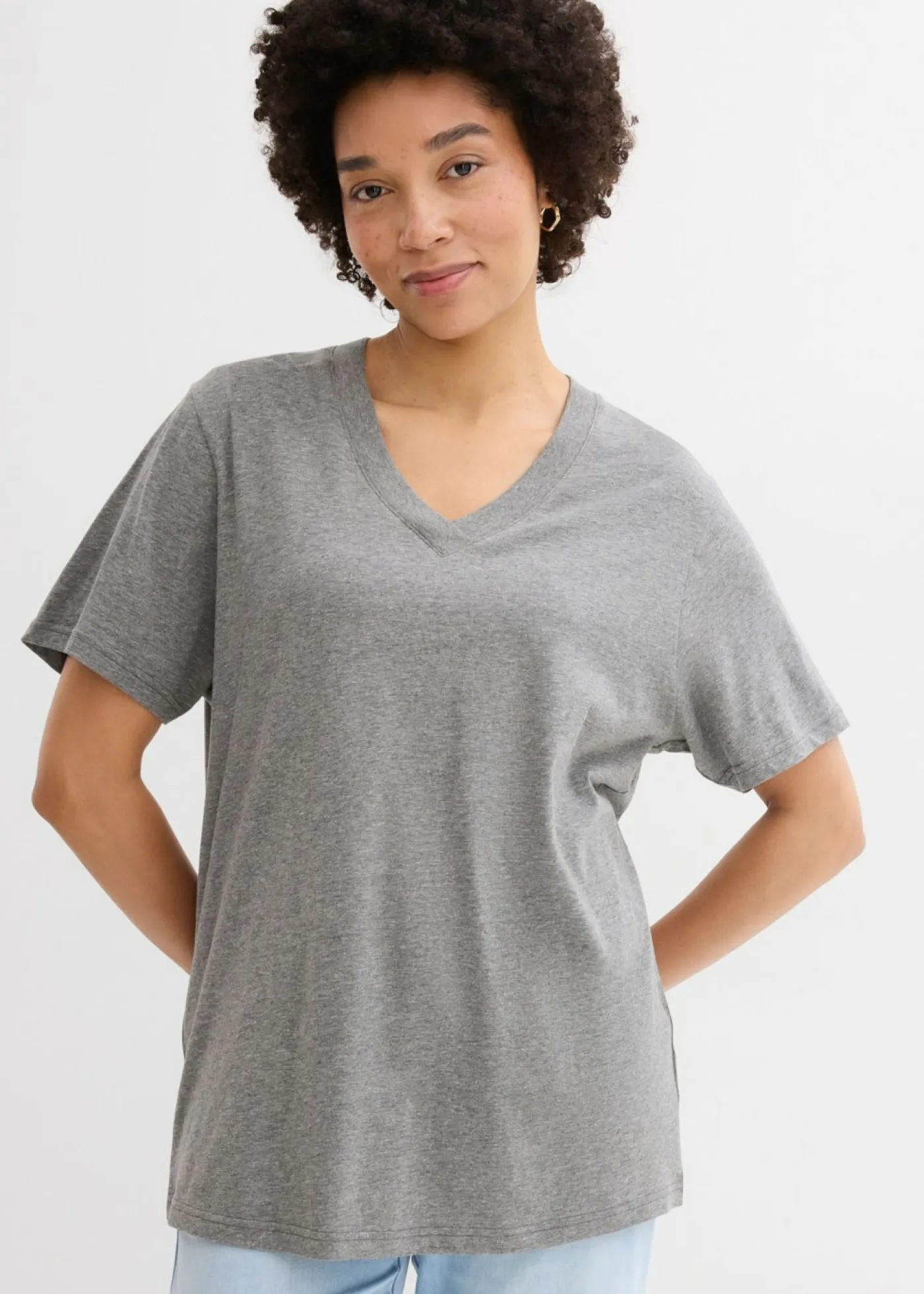Camiseta larga ancha con cuello en V, manga corta (5 unidades) Mujer Básicos|Camisetas