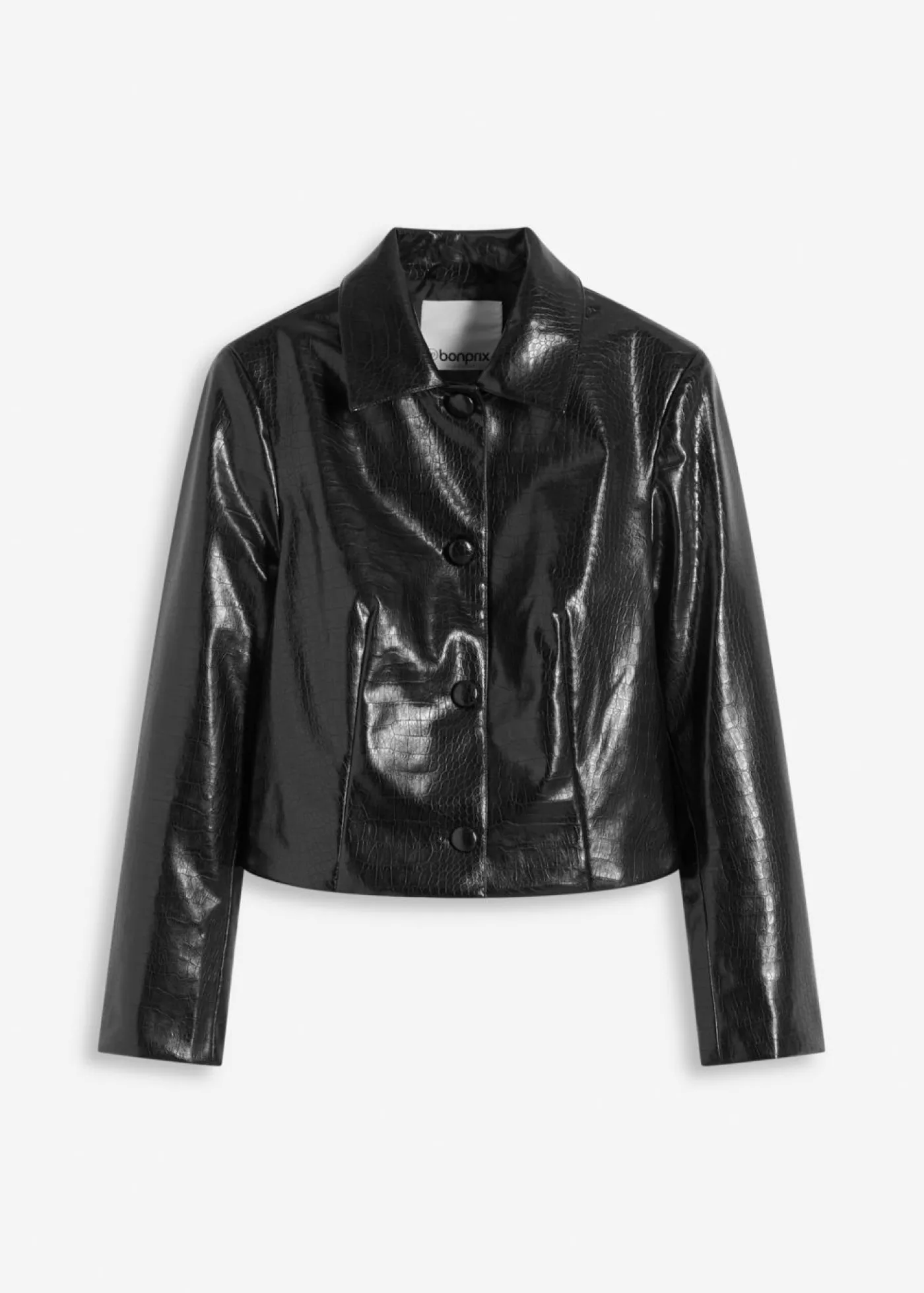 New Chaqueta corta de piel sintética con acabado de cocodrilo brillante Mujer Chaquetas Y Abrigos