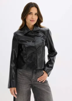 New Chaqueta corta de piel sintética con acabado de cocodrilo brillante Mujer Chaquetas Y Abrigos