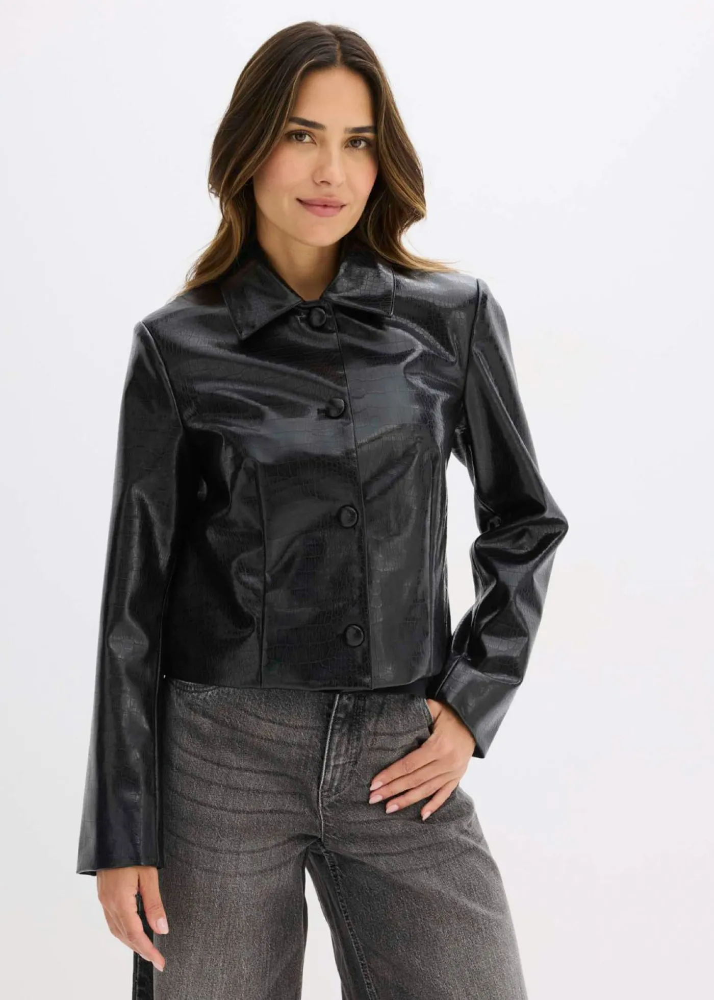 New Chaqueta corta de piel sintética con acabado de cocodrilo brillante Mujer Chaquetas Y Abrigos