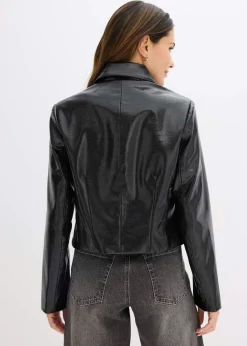 New Chaqueta corta de piel sintética con acabado de cocodrilo brillante Mujer Chaquetas Y Abrigos