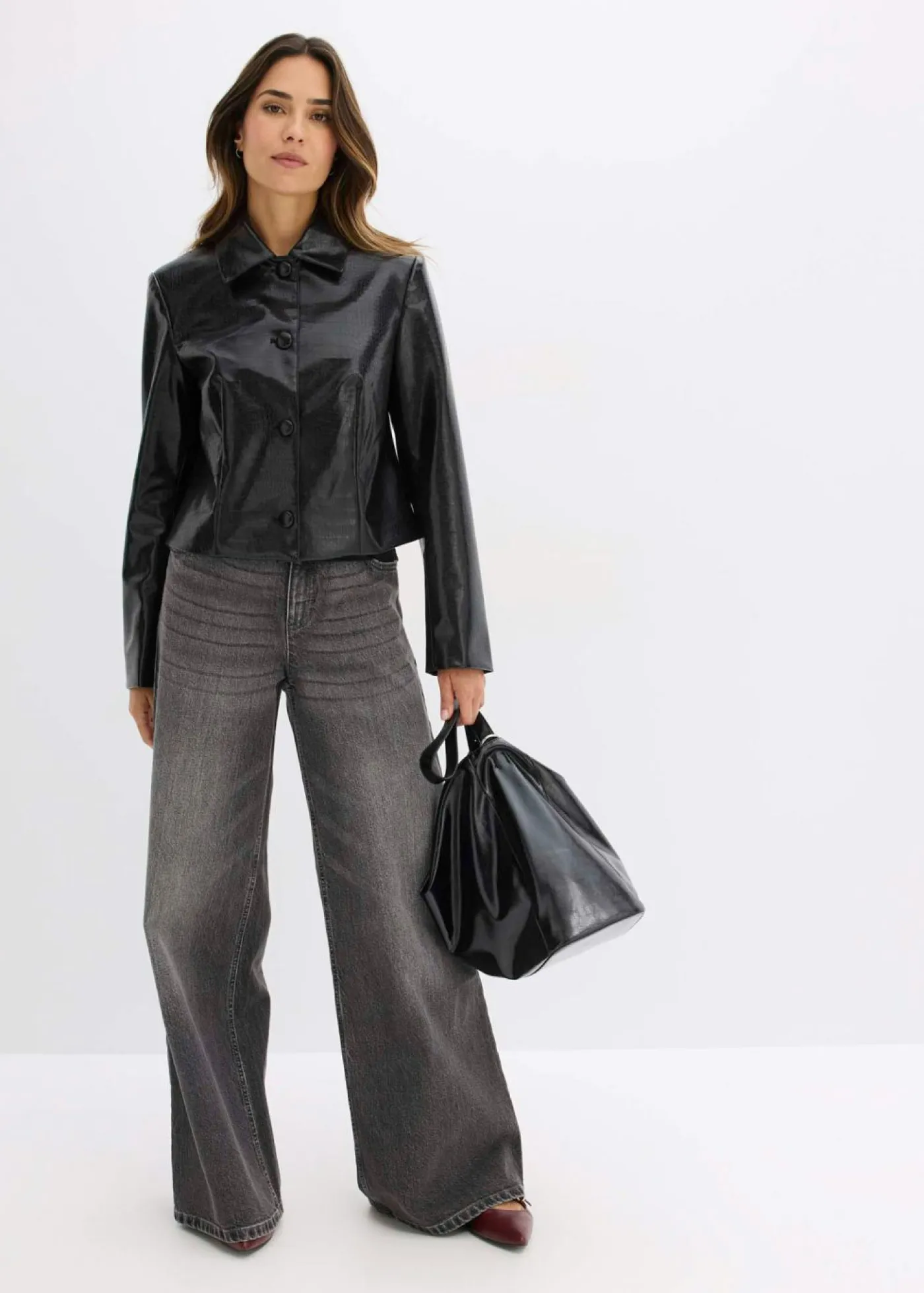 New Chaqueta corta de piel sintética con acabado de cocodrilo brillante Mujer Chaquetas Y Abrigos