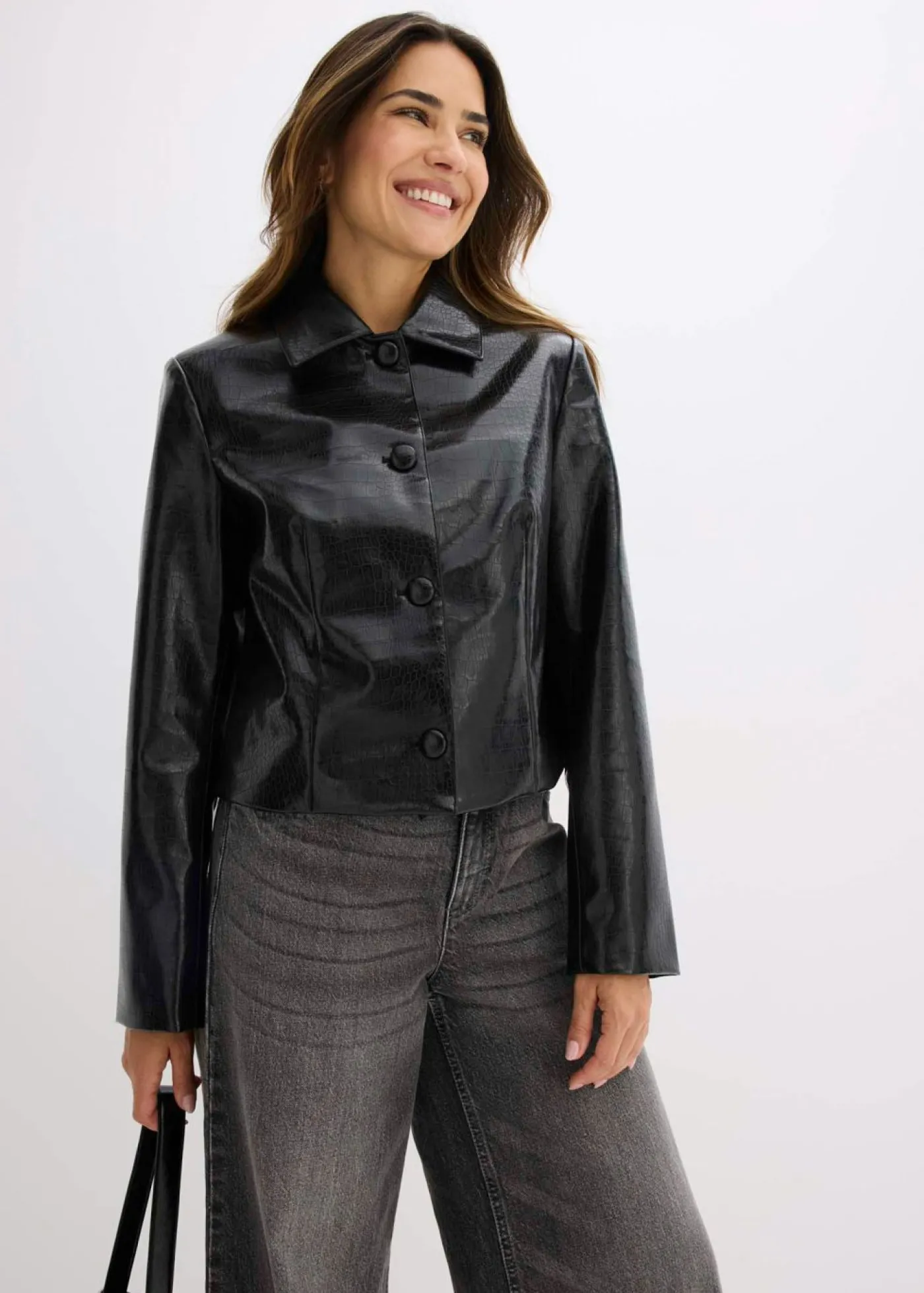 New Chaqueta corta de piel sintética con acabado de cocodrilo brillante Mujer Chaquetas Y Abrigos