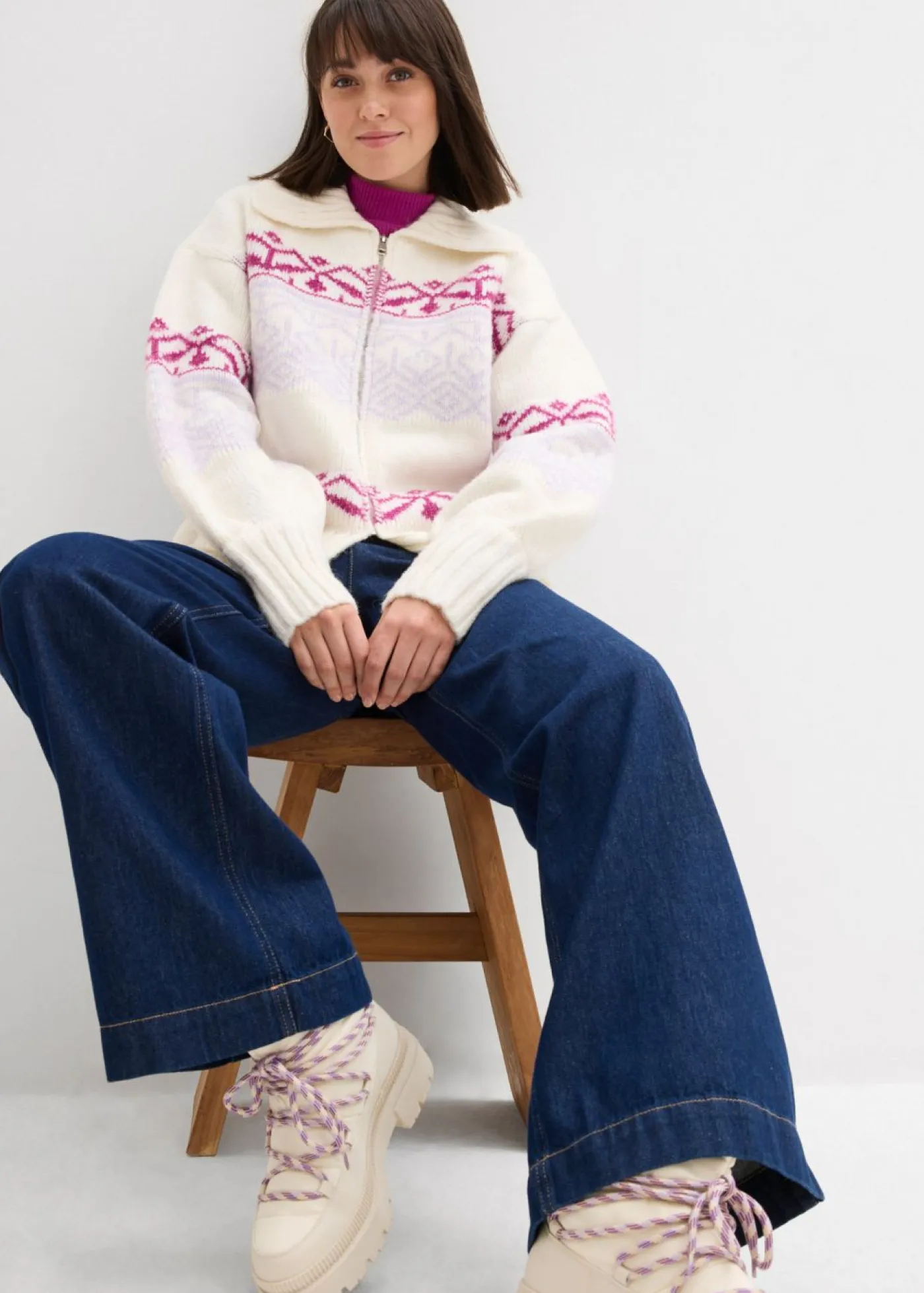 Discount Chaqueta corta de punto con patrón nórdico Mujer Jerséis