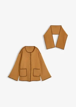 Clearance Chaqueta de lana con bordado decorativo (conjunto de 2 piezas con bufanda) Mujer Premium|Chaquetas Y Abrigos