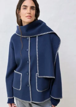 Hot Chaqueta de lana con bordado decorativo (conjunto de 2 piezas con bufanda) Mujer Premium|Chaquetas Y Abrigos