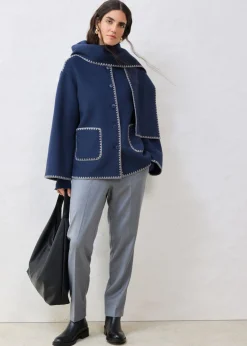 Hot Chaqueta de lana con bordado decorativo (conjunto de 2 piezas con bufanda) Mujer Premium|Chaquetas Y Abrigos
