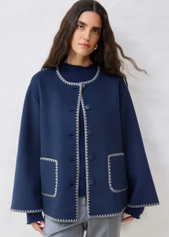 Hot Chaqueta de lana con bordado decorativo (conjunto de 2 piezas con bufanda) Mujer Premium|Chaquetas Y Abrigos