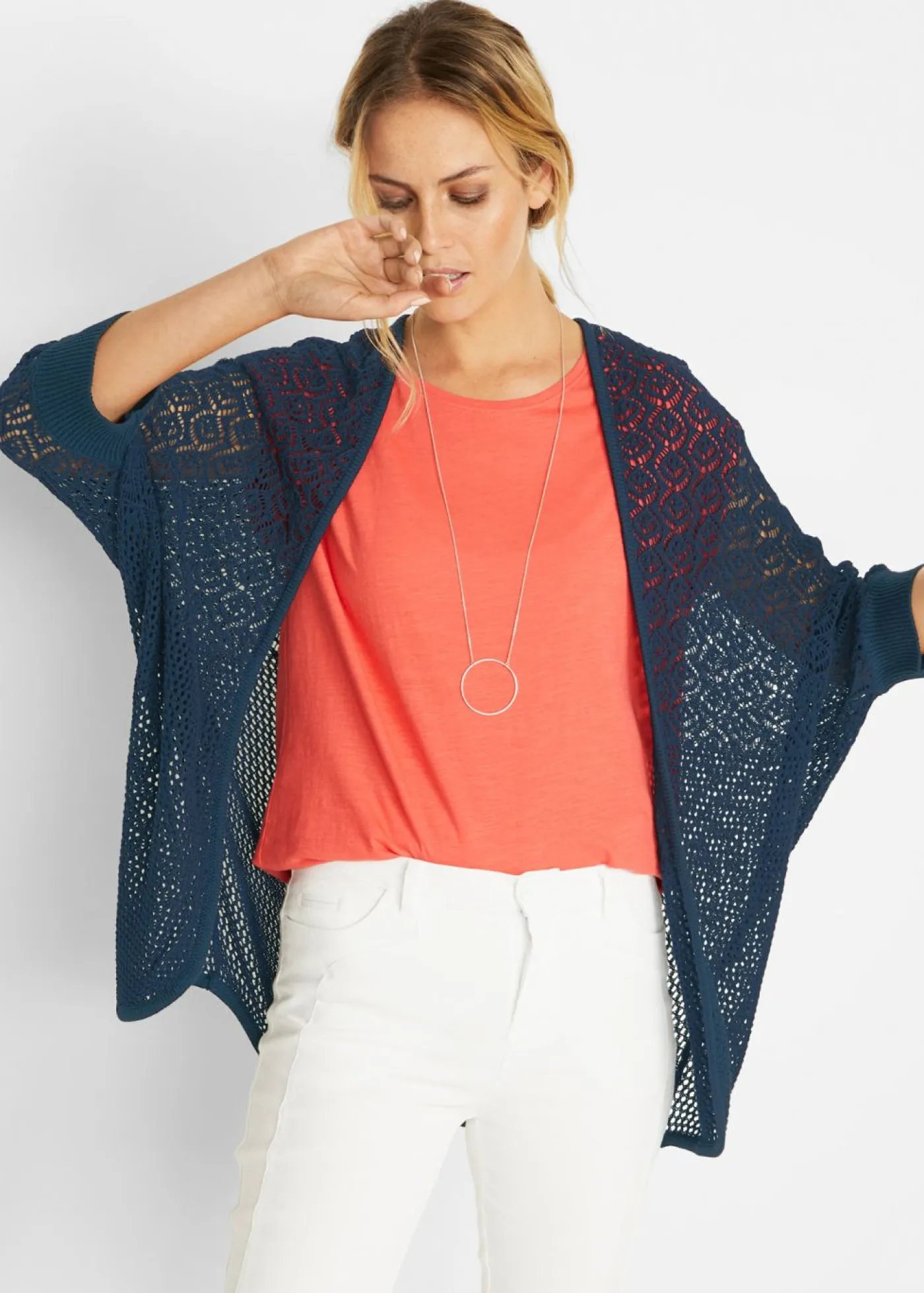 Sale Chaqueta larga de punto con patrón calado Mujer Jerséis|Ropa De Punto