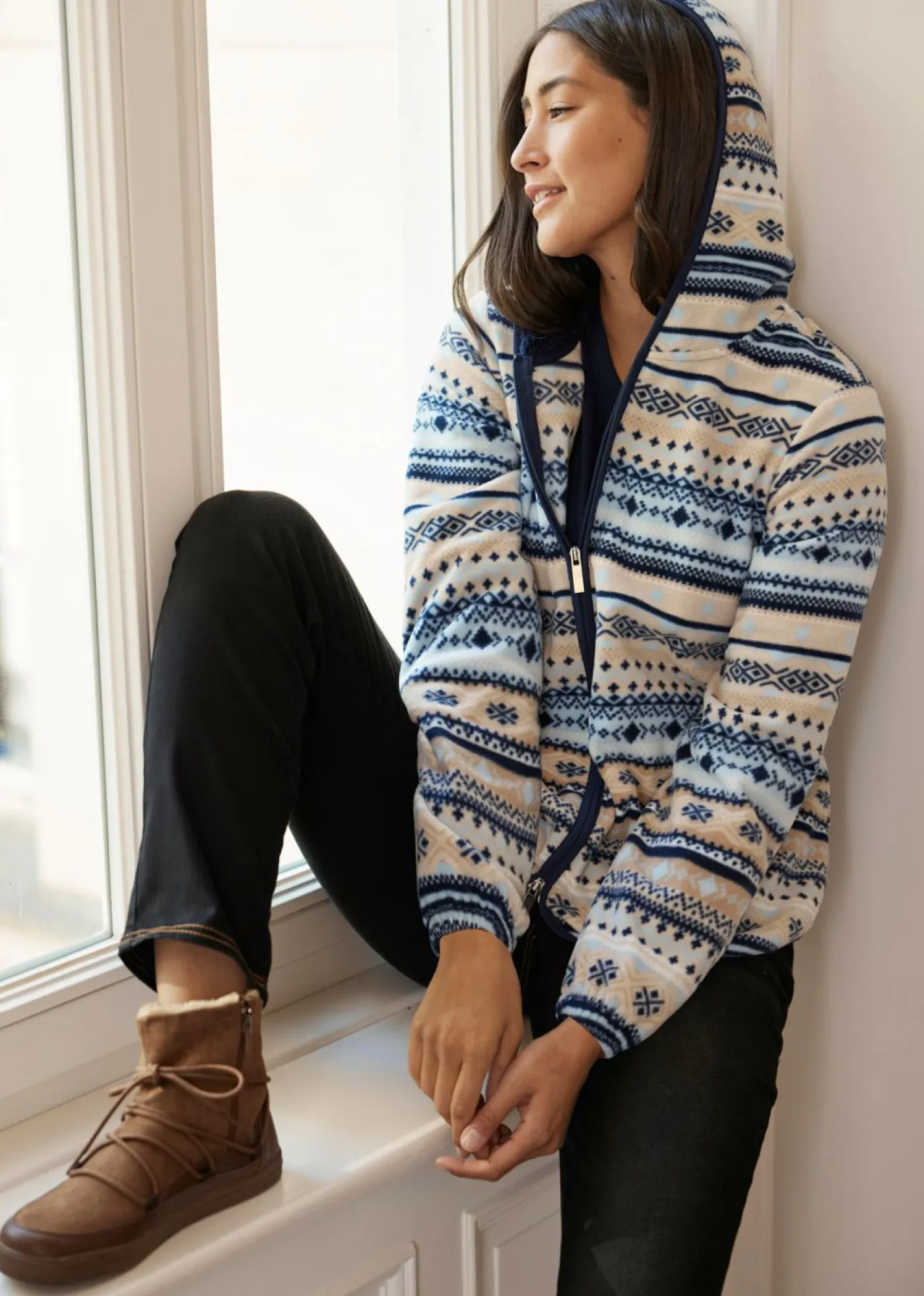 Online Chaqueta polar con capucha y estampado noruego Mujer Ropa Cómoda|Chaquetas Y Abrigos