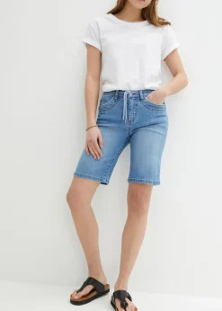 Cómodas bermudas vaqueras elásticas con cordón Mujer Shorts|Vaqueros