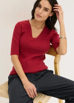 Outlet Jersey de canalé de manga corta con viscosa Mujer Jerséis|Ropa De Punto