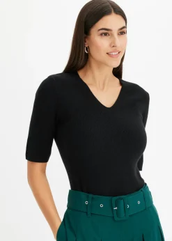 Online Jersey de canalé de manga corta con viscosa Mujer Jerséis|Ropa De Punto