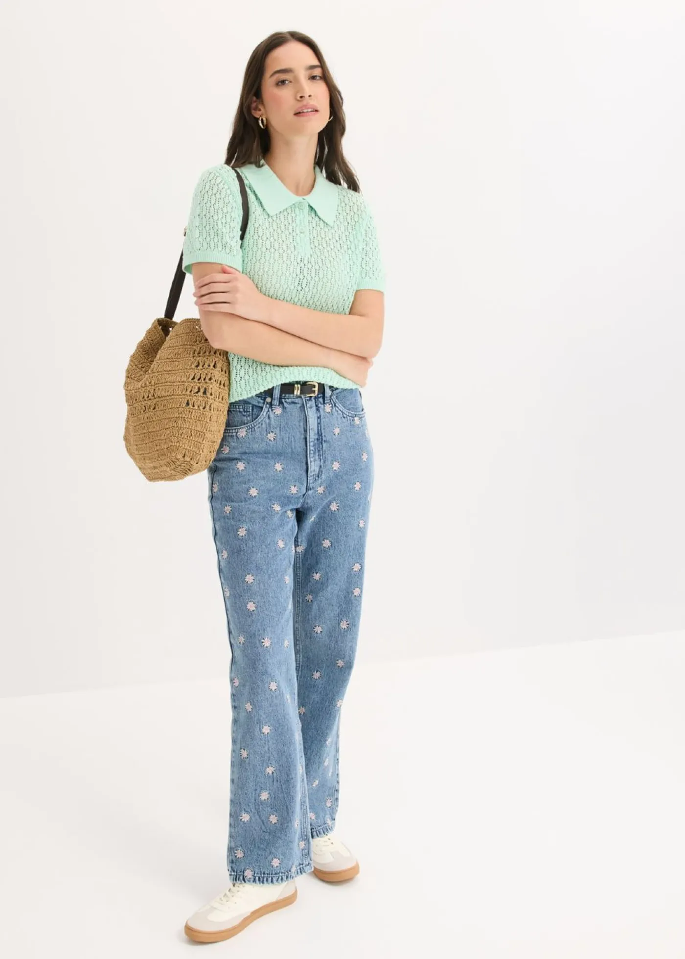 Outlet Jersey de punto ajour de algodón puro Mujer Camisetas|Novedades