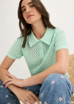 Outlet Jersey de punto ajour de algodón puro Mujer Camisetas|Novedades