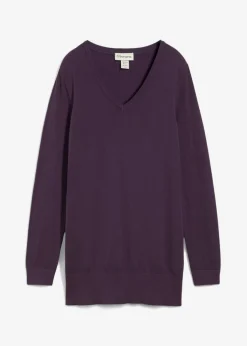 Online Jersey largo básico, de punto fino, con escote en V Mujer Básicos|Jerséis