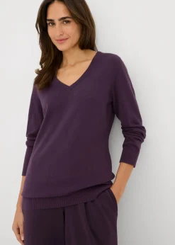 Online Jersey largo básico, de punto fino, con escote en V Mujer Básicos|Jerséis