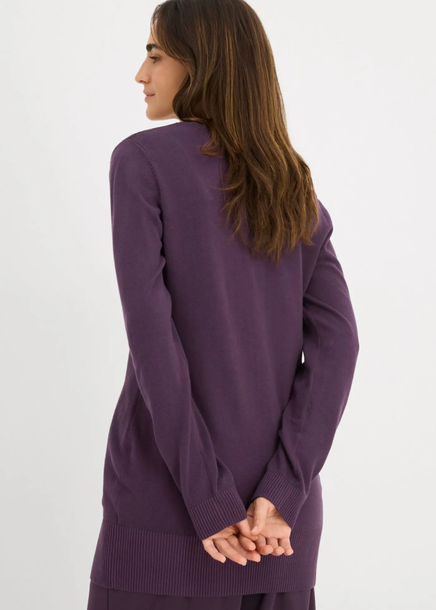 Online Jersey largo básico, de punto fino, con escote en V Mujer Básicos|Jerséis