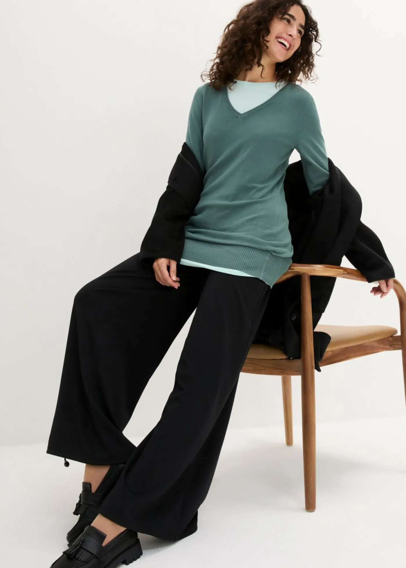 Discount Jersey largo básico, de punto fino, con escote en V Mujer Básicos|Jerséis