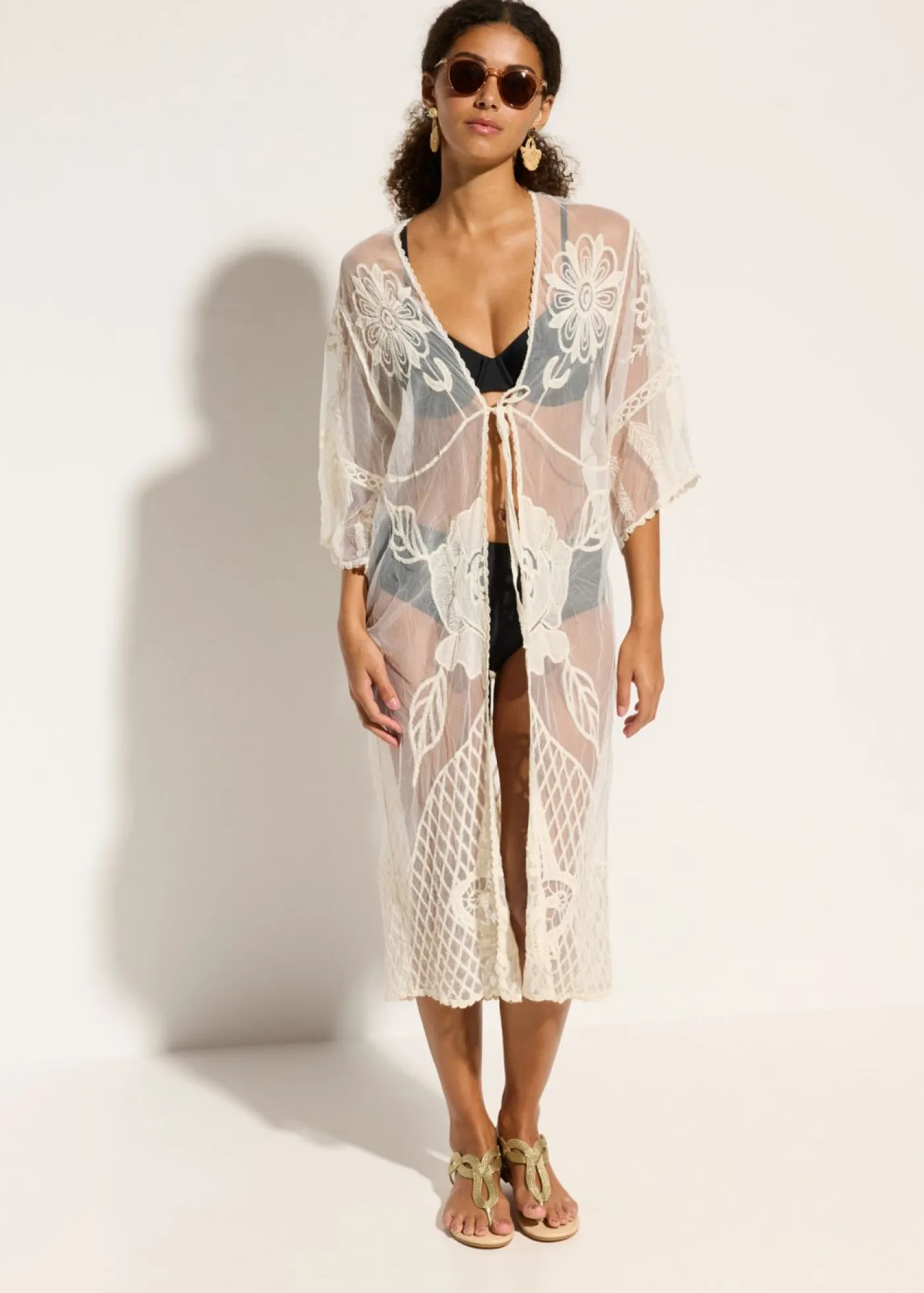 Kimono de playa transparente con encaje Mujer Ropa De Playa|Camisas Y Blusas
