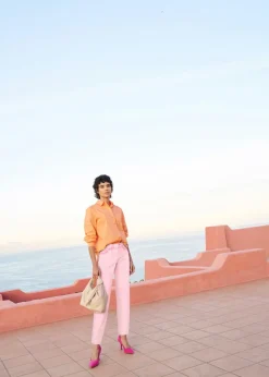 Discount Pantalón acortado de sarga con aspecto desgastado Mujer Pantalones