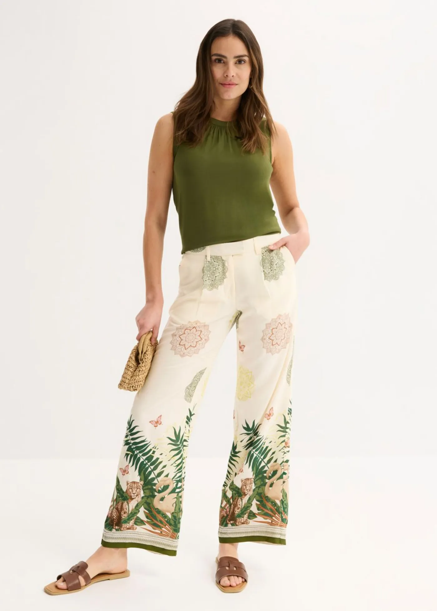 New Pantalón ancho de viscosa con estampado en el borde Mujer Pantalones