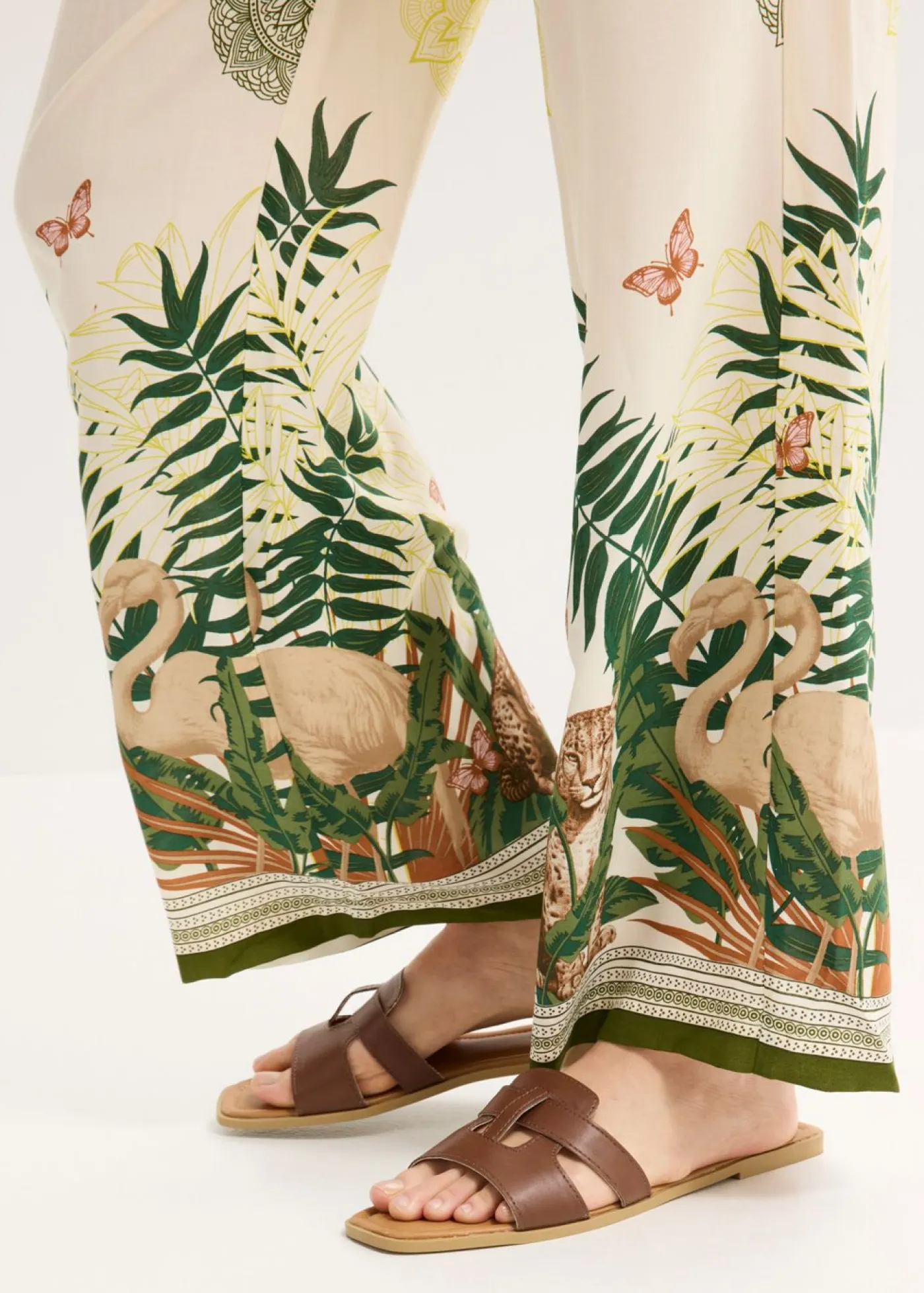 New Pantalón ancho de viscosa con estampado en el borde Mujer Pantalones