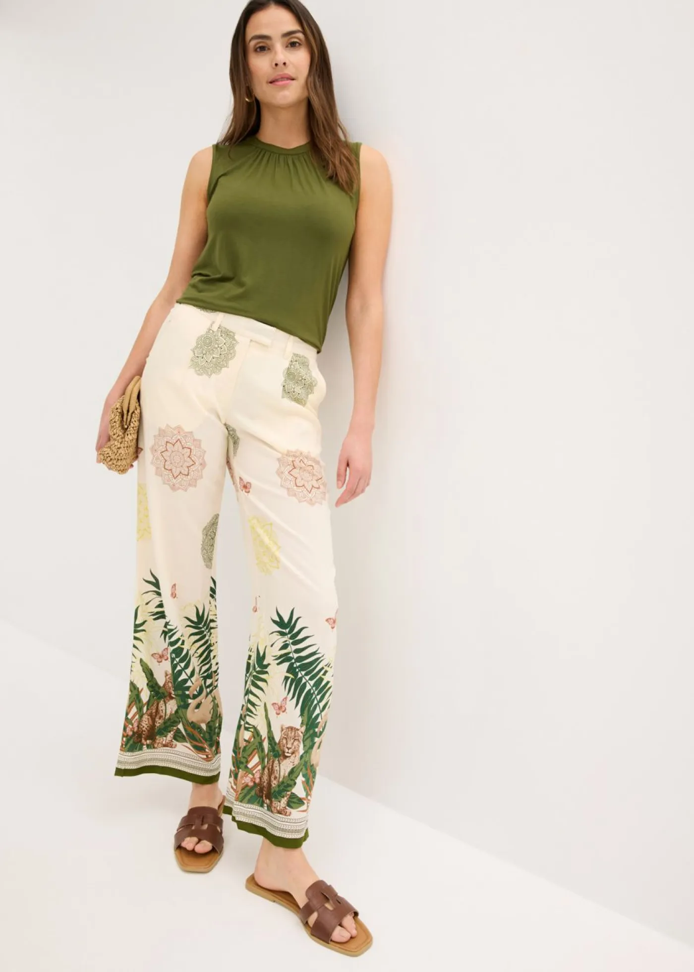 New Pantalón ancho de viscosa con estampado en el borde Mujer Pantalones