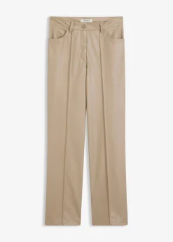 Pantalón con pernera recta de piel sintética con ribete Mujer Pantalones