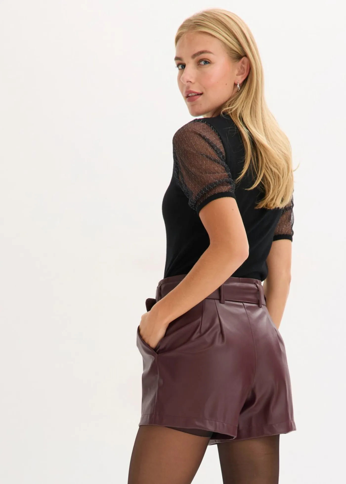New Pantalón corto de piel sintética con cinturón Mujer Shorts|Pantalones