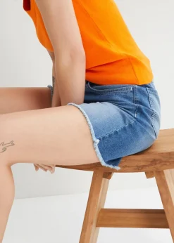 Hot Pantalón corto vaquero con talle medio y tejido elástico Mujer Shorts|Vaqueros