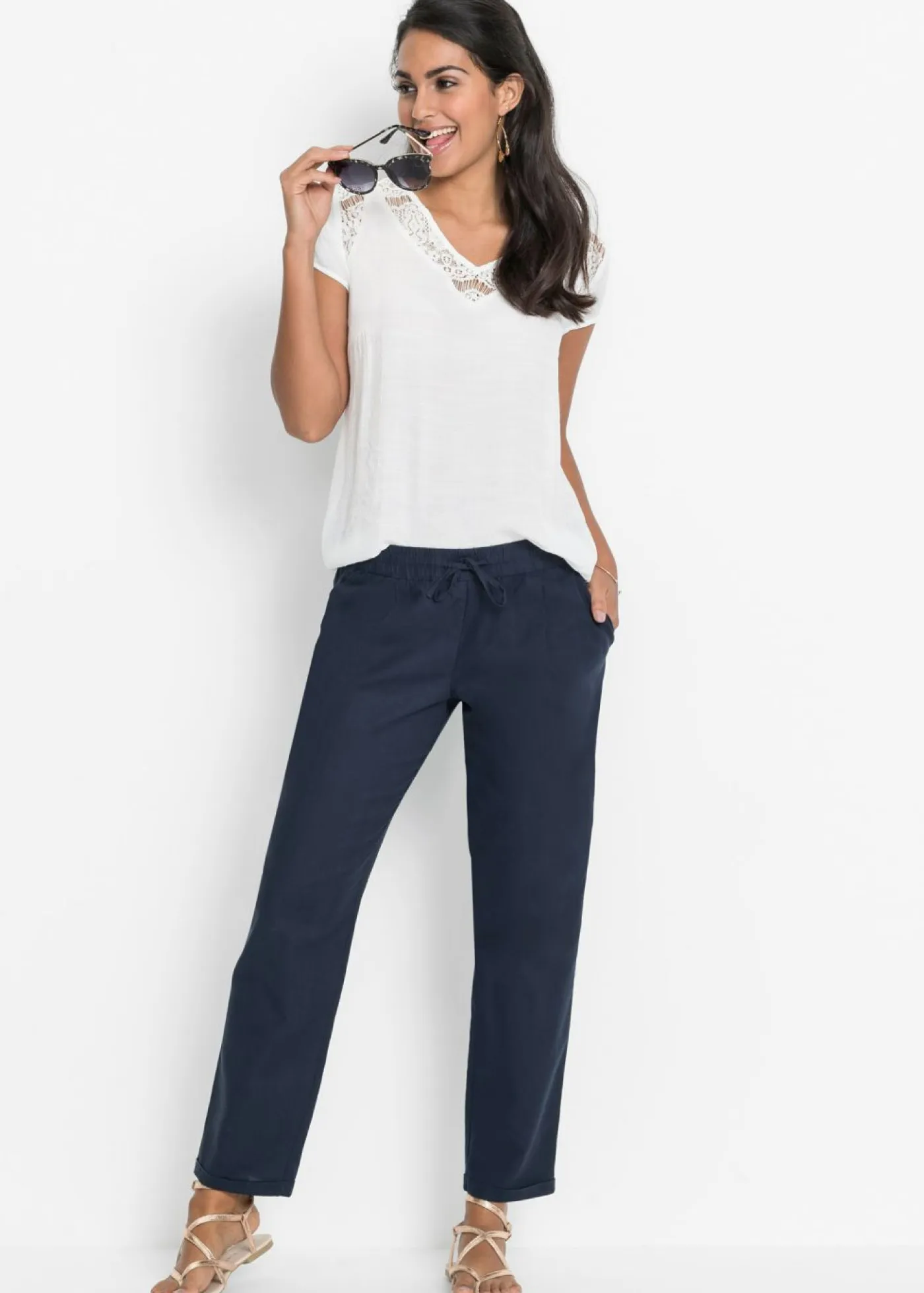 Clearance Pantalón de lino con cintura elástica Mujer Pantalones