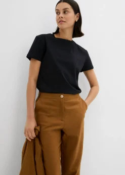 Discount Pantalón de mezcla de lino y viscosa con talle alto y pernera corta Mujer Pantalones
