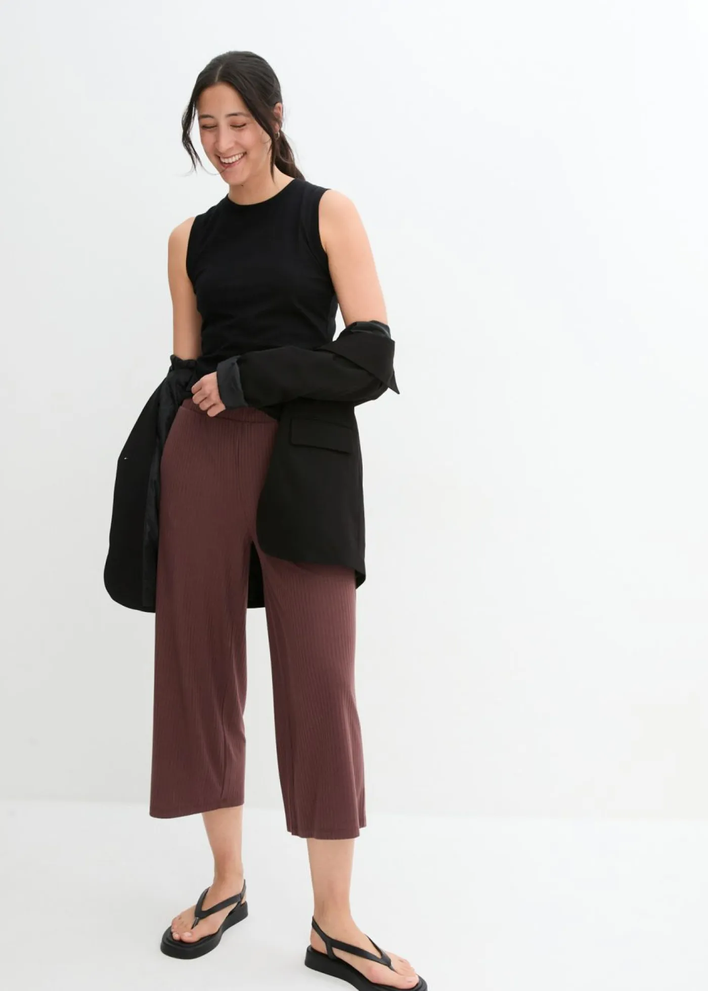 New Pantalón de punto de canalé con cinturilla cómoda Mujer Pantalones