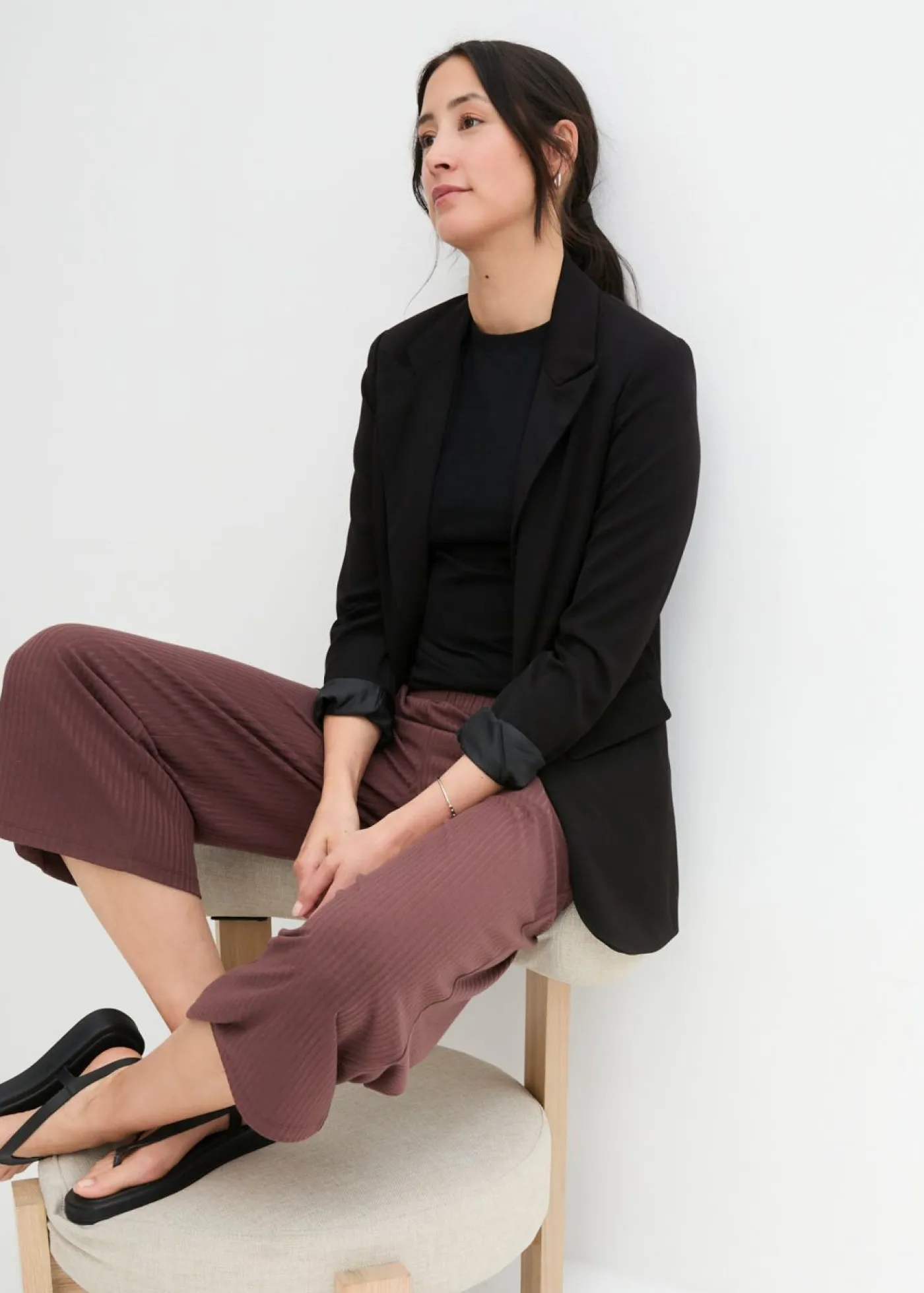 New Pantalón de punto de canalé con cinturilla cómoda Mujer Pantalones