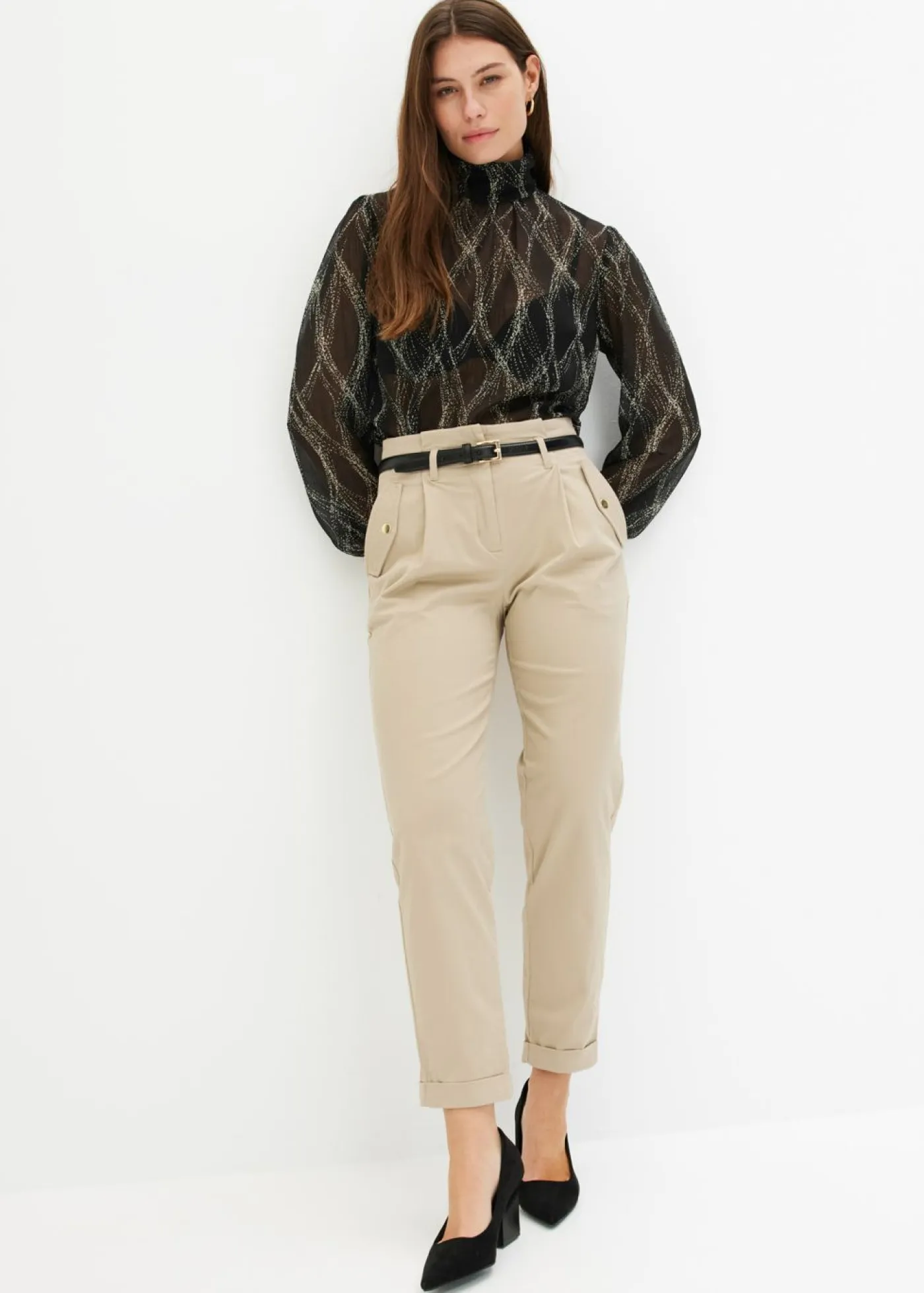 Hot Pantalón de sarga tipo paperbag Mujer Pantalones