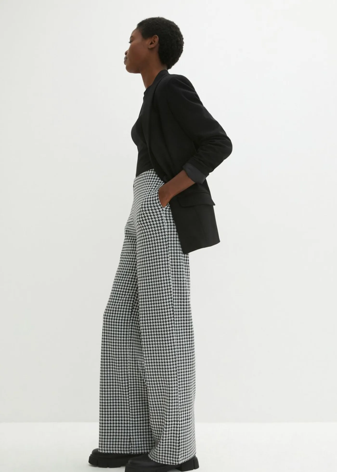 New Pantalón elástico con pata de gallo, pernera ancha Mujer Pantalones