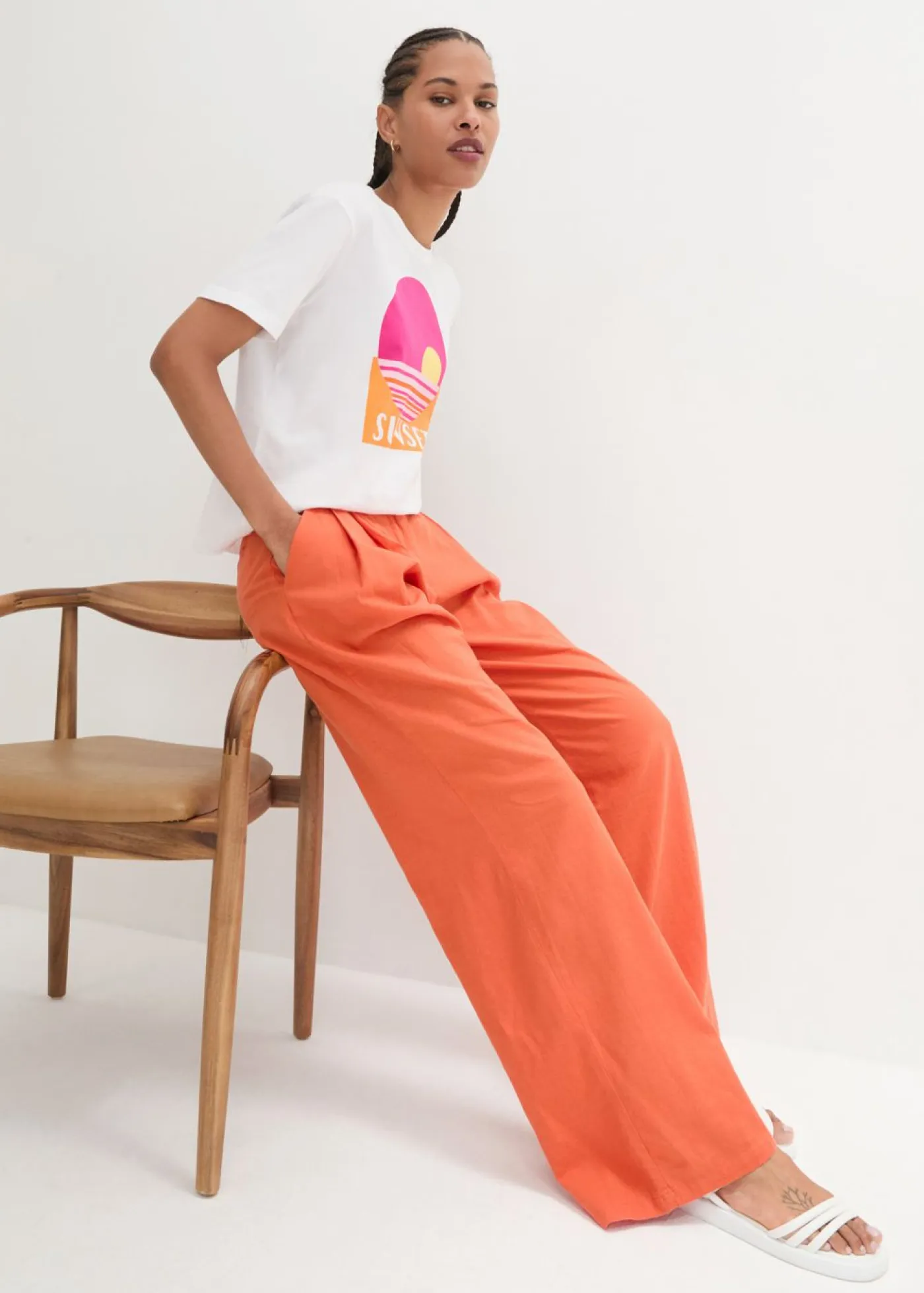 Online Pantalón palazzo de mezcla ligera de viscosa y lino Mujer Esenciales|Pantalones