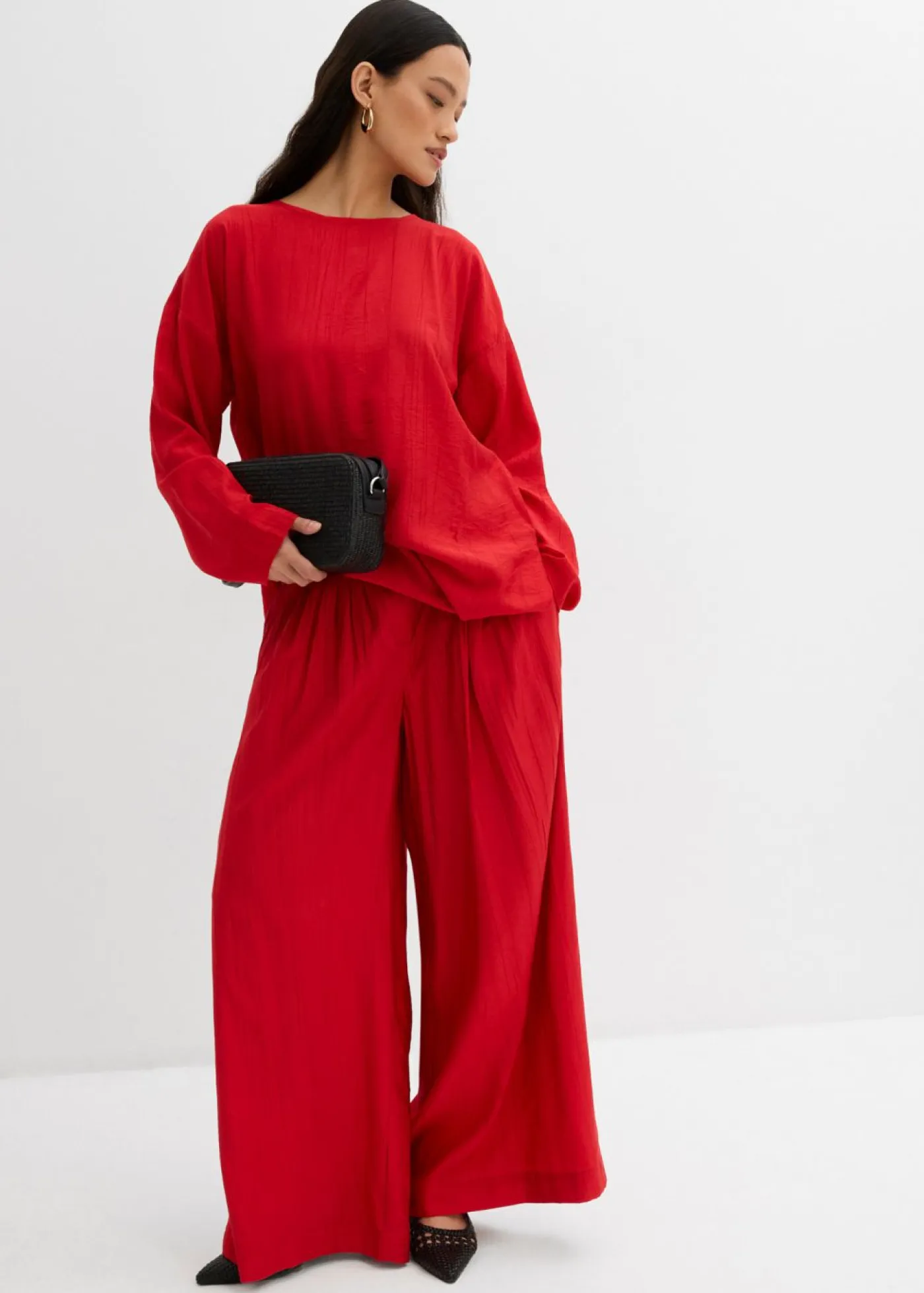 Sale Pantalón palazzo de mezcla de viscosa arrugada con estructura Mujer Conjuntos De Ropa|Esenciales