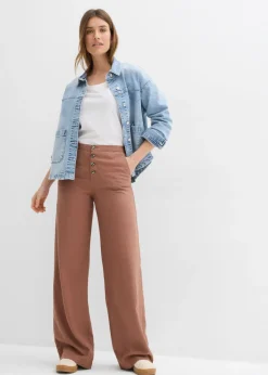 Pantalón palazzo largo con lino Mujer Pantalones|Novedades