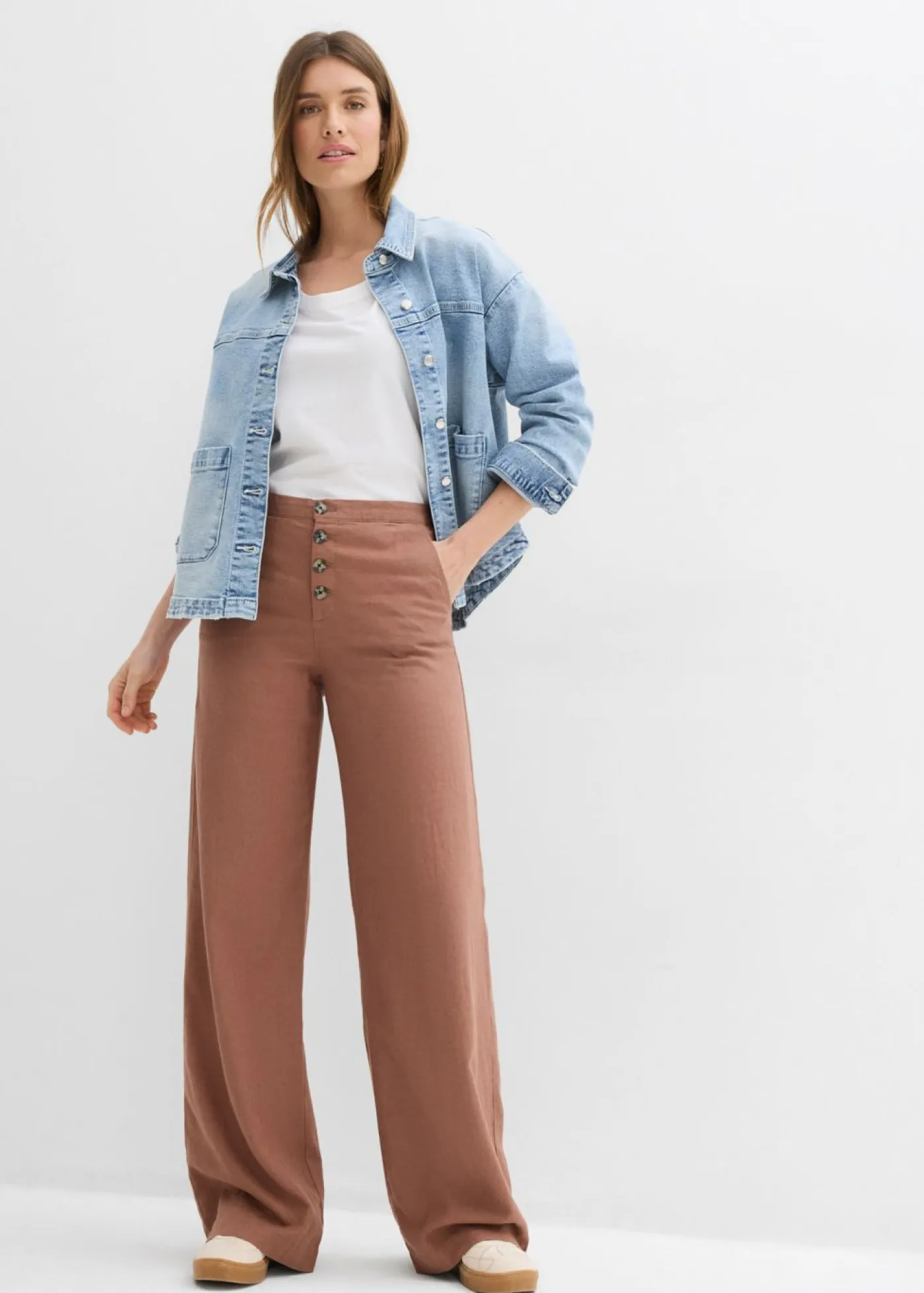 Pantalón palazzo largo con lino Mujer Pantalones|Novedades
