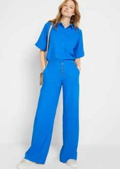 Sale Pantalón palazzo largo con lino Mujer Pantalones|Novedades
