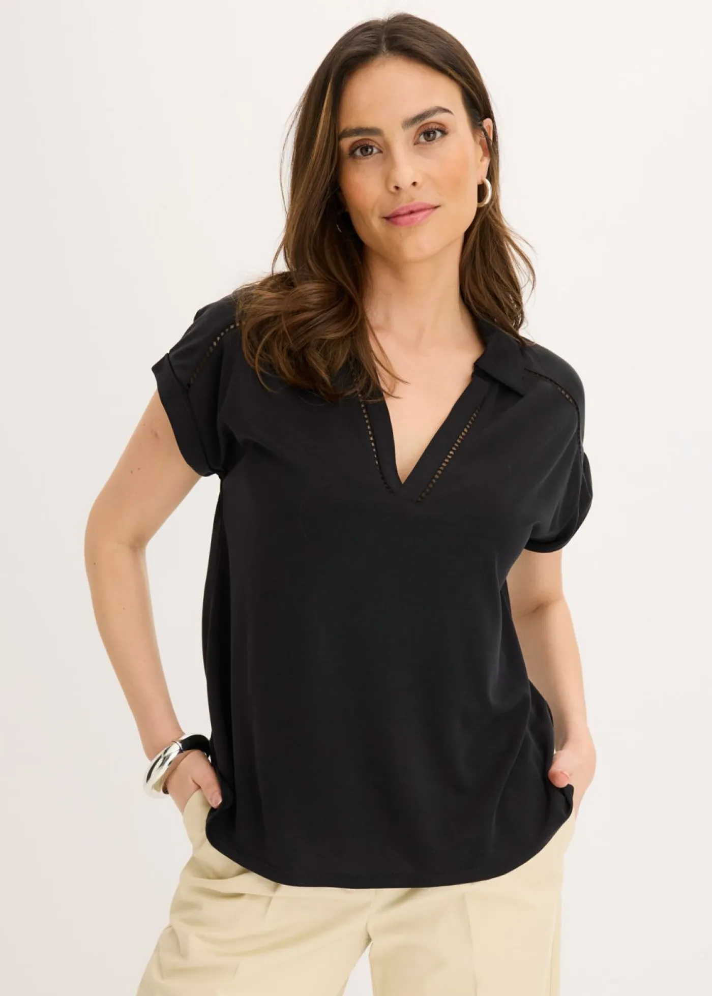 Sale Polo de piqué de viscosa con inserto de encaje Mujer Camisetas