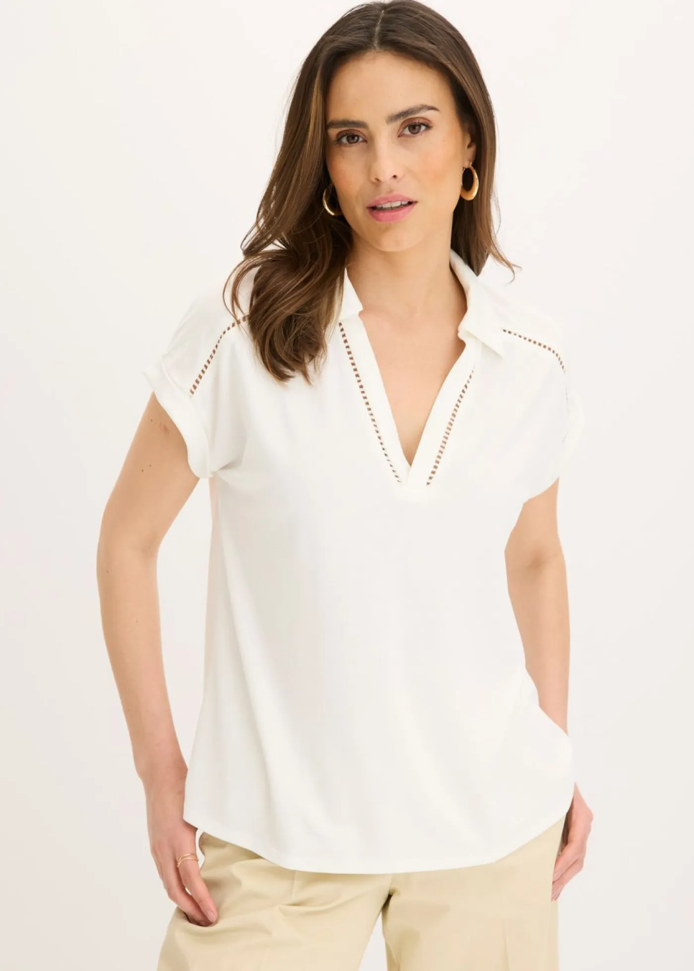 Hot Polo de piqué de viscosa con inserto de encaje Mujer Camisetas